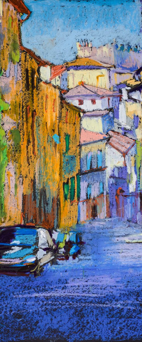 Siena. View of the old town street. Medium oil pastel drawing bright colors Italy by Sasha Romm