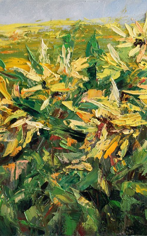 Sunflowers ... Summer ... Sun ... Wind ... / PAINTING CREATED WITH A PALETTE KNIFE / ORIGINAL PAINTING by Salana Art Gallery