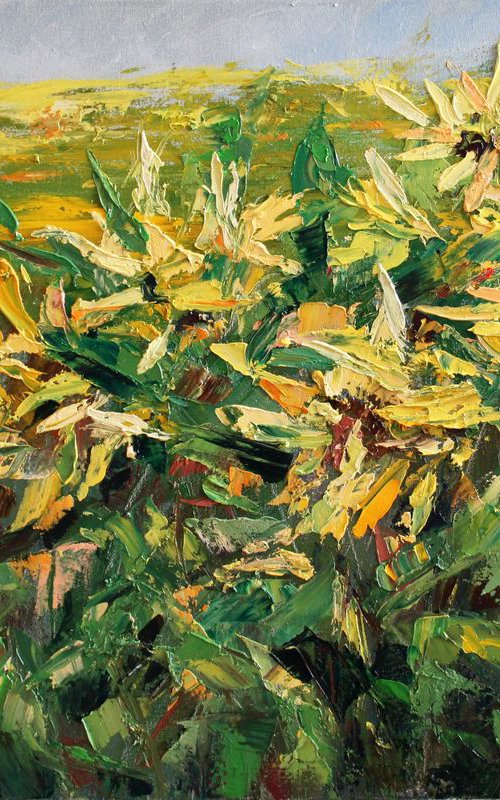 Sunflowers ... Summer ... Sun ... Wind ... / PAINTING CREATED WITH A PALETTE KNIFE / ORIGINAL PAINTING by Salana Art