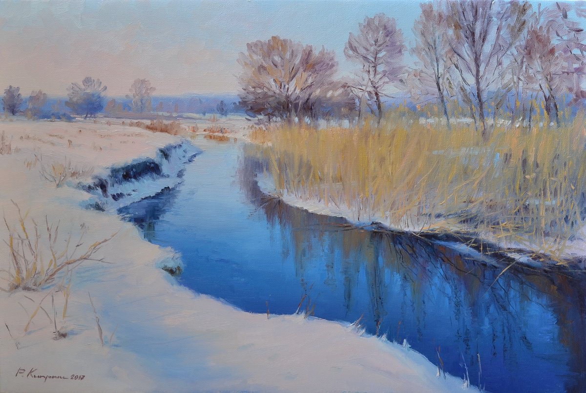 Impressionistic Landscape Oil Painting By Ruslan Kiprych, 24 X 16", In Winter, By The River, Original Artwork