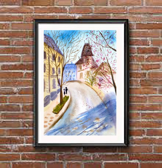 Paris Painting Cityscape Original Art Architecture Watercolor Painting Small Home Wall Art 8 by 12" by Halyna Kirichenko