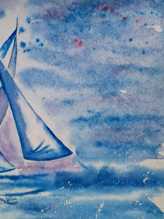 Sailboat Painting Original Art Sailing Vessel Watercolor Artwork Yacht Race Home Wall Art 17 by 12" by Halyna Kirichenko