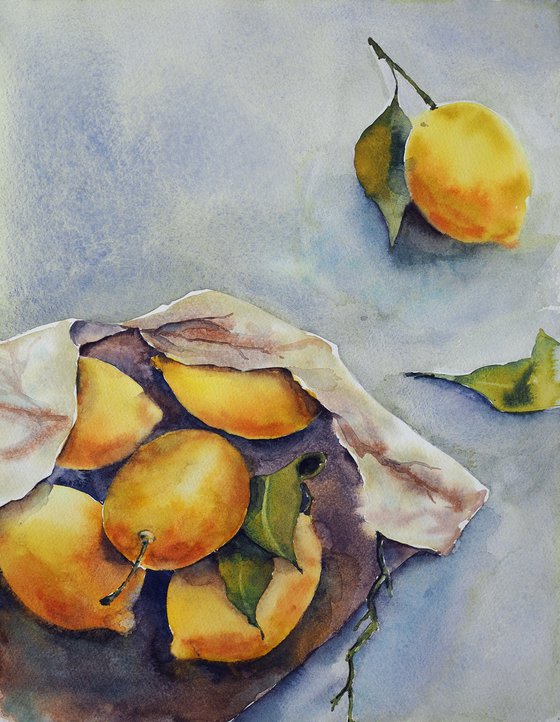 Lemons - original mediterranean yellow and gray watercolor