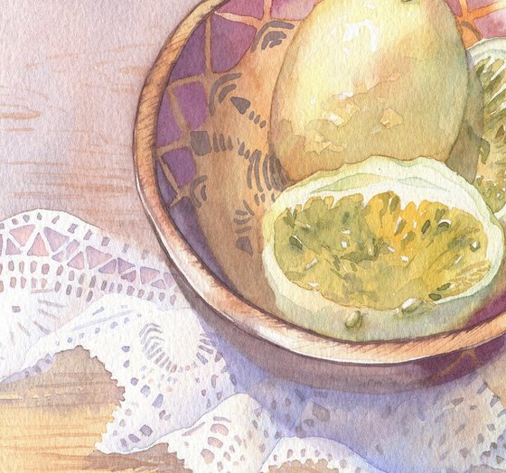 Ukrainian watercolour. Passion fruit in a wooden plate