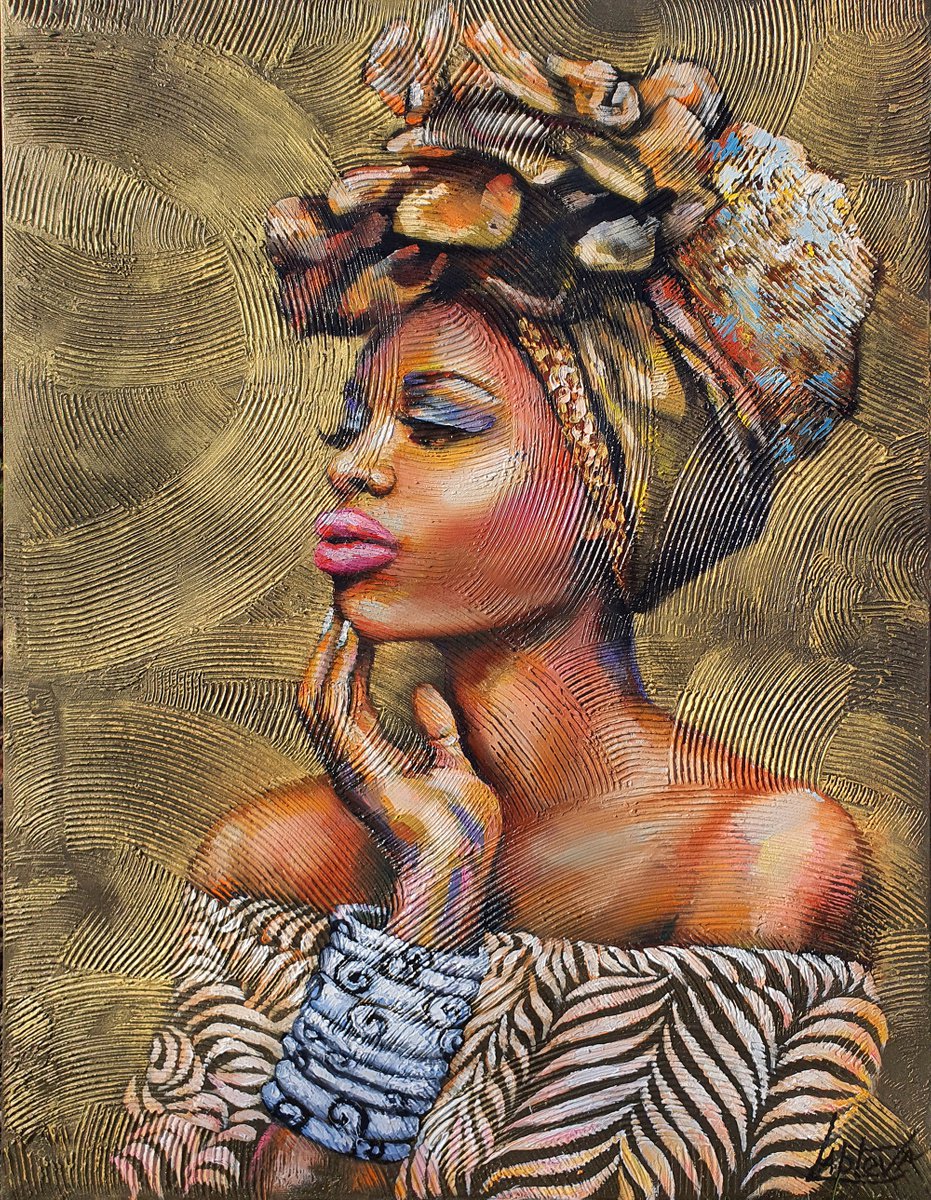 Expressive Portrait Oil Painting By Viktoria Lapteva, 24 X 31", Gold Of Africa, Original Artwork
