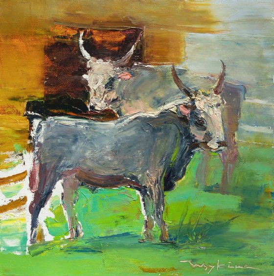 Calves on green grass . Spring sketch with bulls Original oil painting