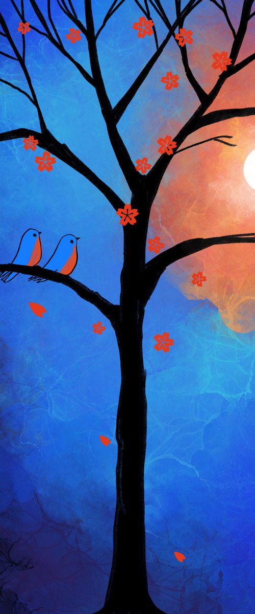 The Bluebirds , cute lovebird tree artwork, flower edition by Stuart Wright