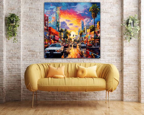 American street at sunset after the rain. Urban cityscene, colorful impressionistic landscape art. Large wall art home decor. Art Gift
