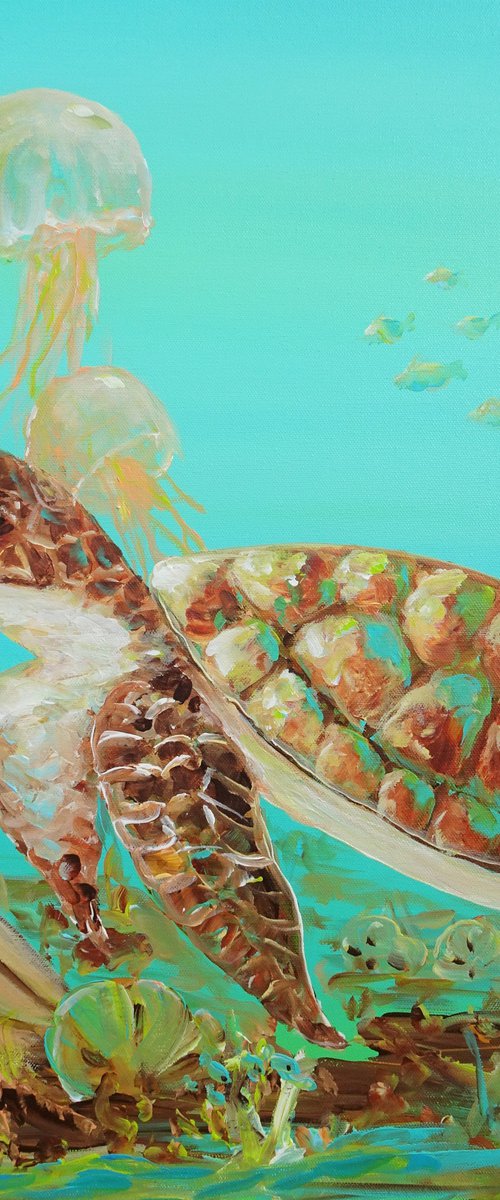 Sea Turtle Acrylic Painting on Canvas 24"x18". Sea Life Modern Art (2020) by Sveta Osborne