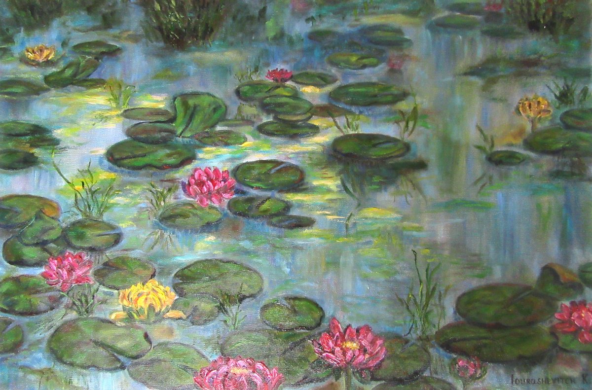 Impressionistic Landscape Oil Painting By Katia Ricci, 24 X 16", Water Lilies In Pond, Original Artwork