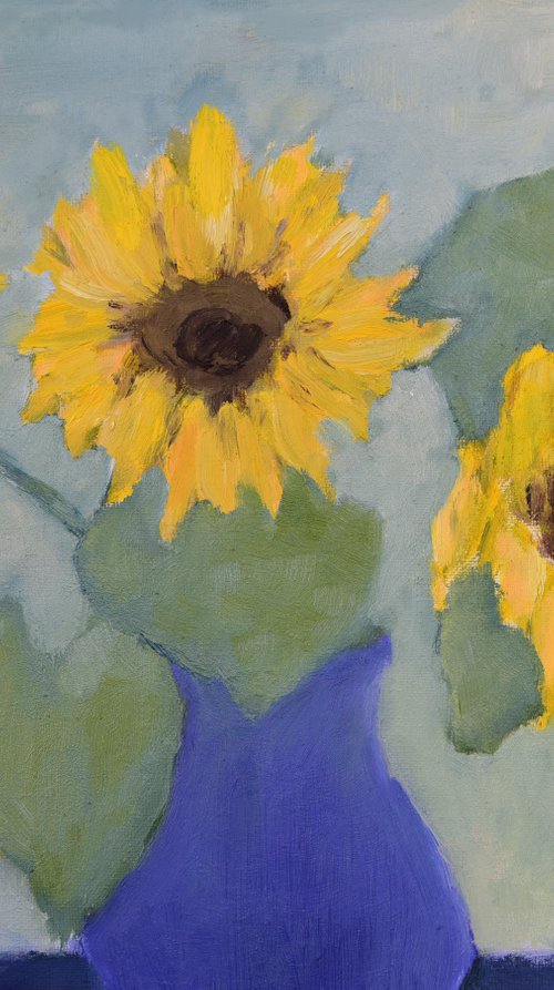 Sunflowers in blue vase by Elena Zapassky