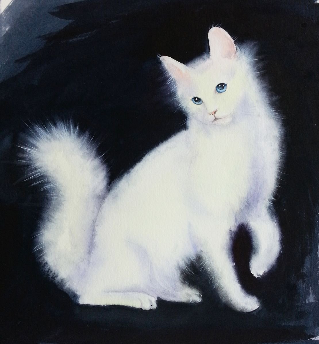 Белая кошка пастелью