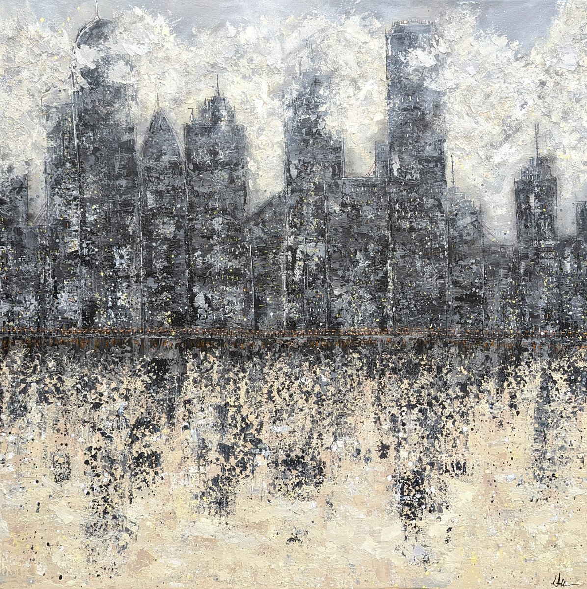 Abstract Cityscapes Acrylic Painting By Lucy Moore, 30 X 30", Midnight Metropolis -, Original Artwork
