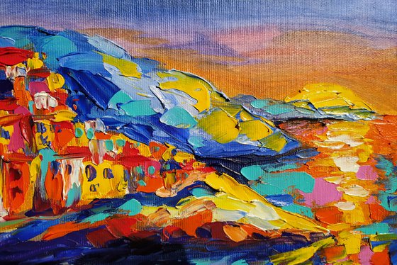 Amalfi coast - sea, seascape, seascape oil painting, sunset, Italy, Italy seascape, evening city