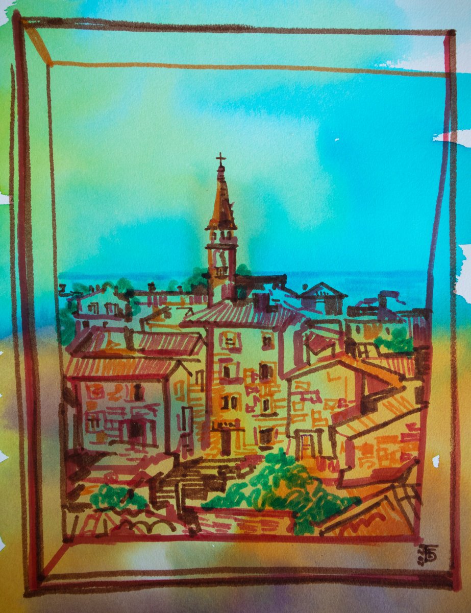 Illustrative Cityscapes Watercolour By Kateryna Bortsova, 9 X 13", Old Town Landscape Painting, Original Artwork