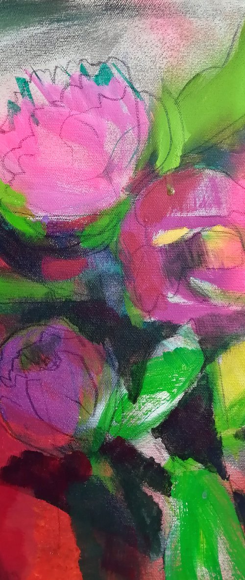 Pink peonies modern mixed media painting by Olga David