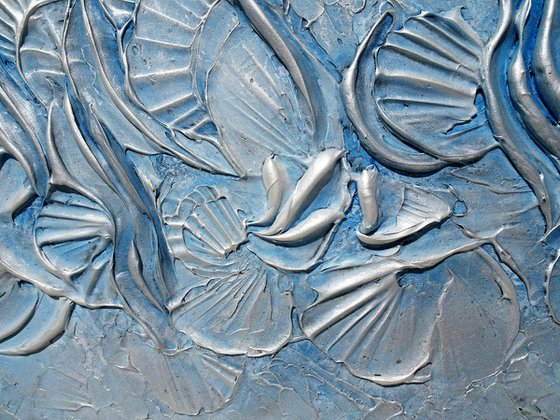 BEACH DREAM. Abstract Blue, Silver Textured 3D Art, Coastal Painting