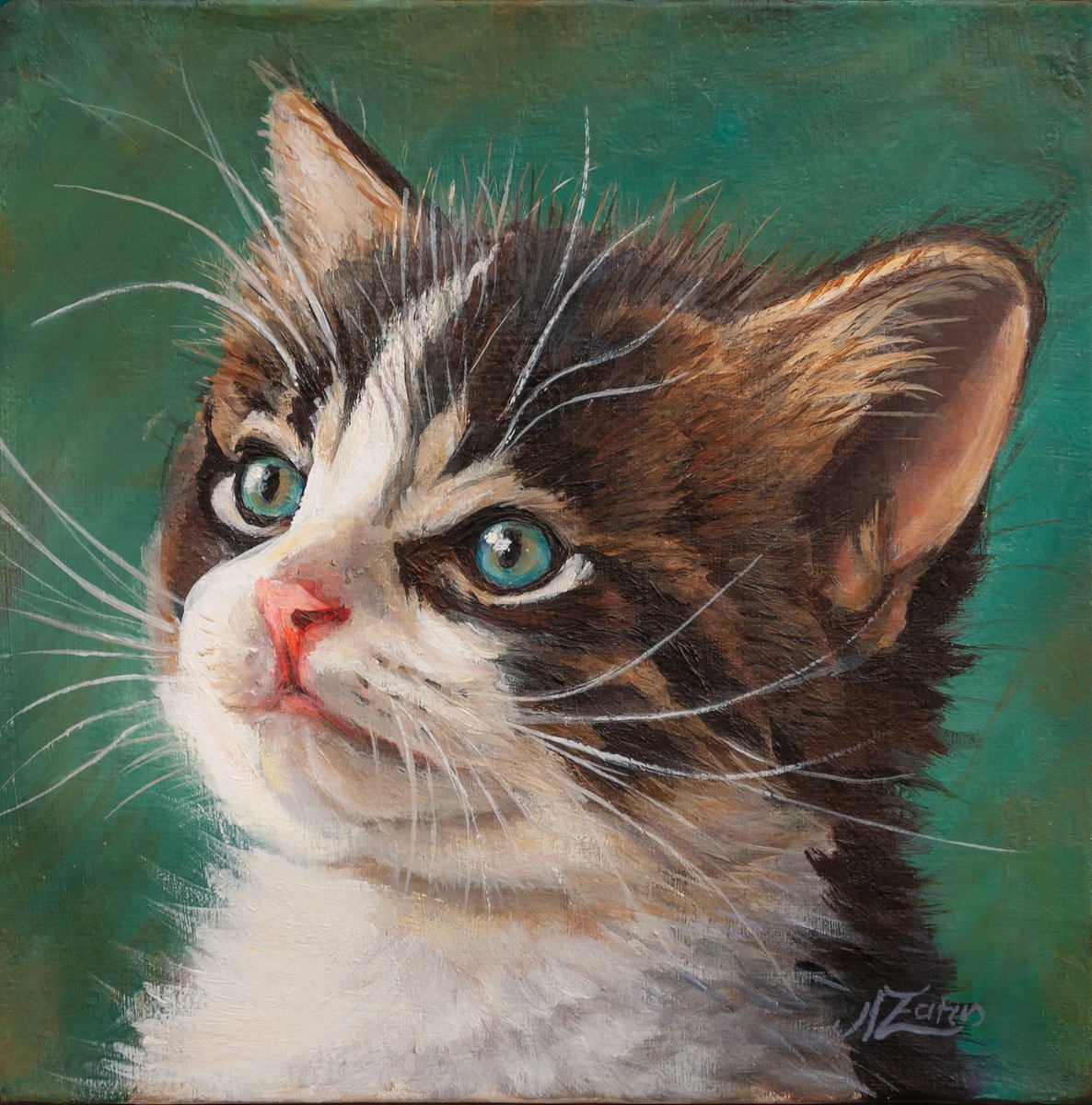 Photorealistic Animal Acrylic Painting By Norma Beatriz Zaro, 6 X 6", Baby Cat 3, Original Artwork