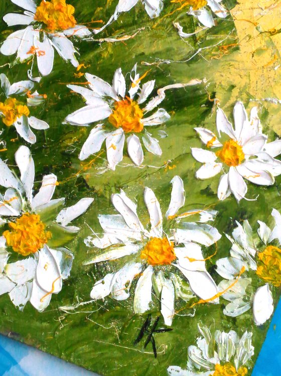 Daisy Painting Floral Original Art OIl Painting Chamomile Meadow Abstract Flowers Impasto Pallete Knife Small Home Wall Art 6 by 8"