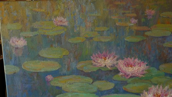 Evening Water Lilies. Original Oil Painting. Gift, wall art, interior art, interior design, stylish art, present, pop
