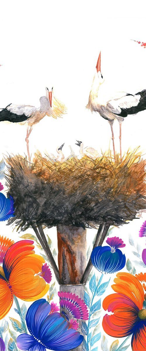 "Nest of Serenity" with a pair of storks in the nest surrounded by a field of lush wild orange, blue flowers by Tetiana Savchenko