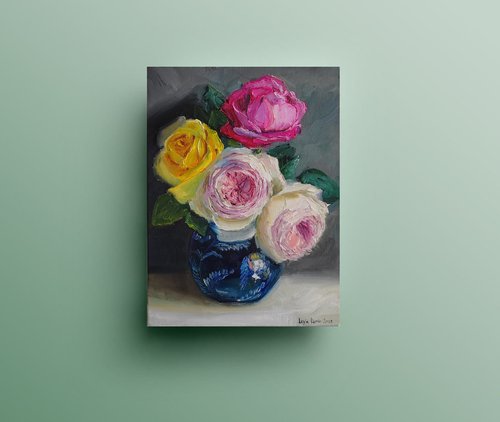 Pink and white roses bouquet in porcelian vase oil painting original still life 12x16" by Leyla Demir