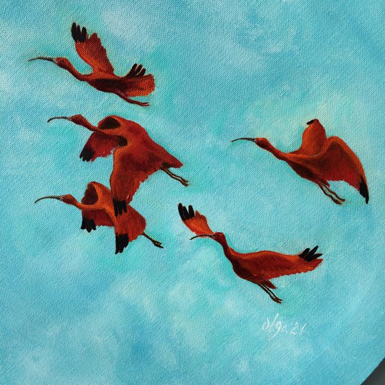 Round painting with flying red ibis and blue sky - The red thread