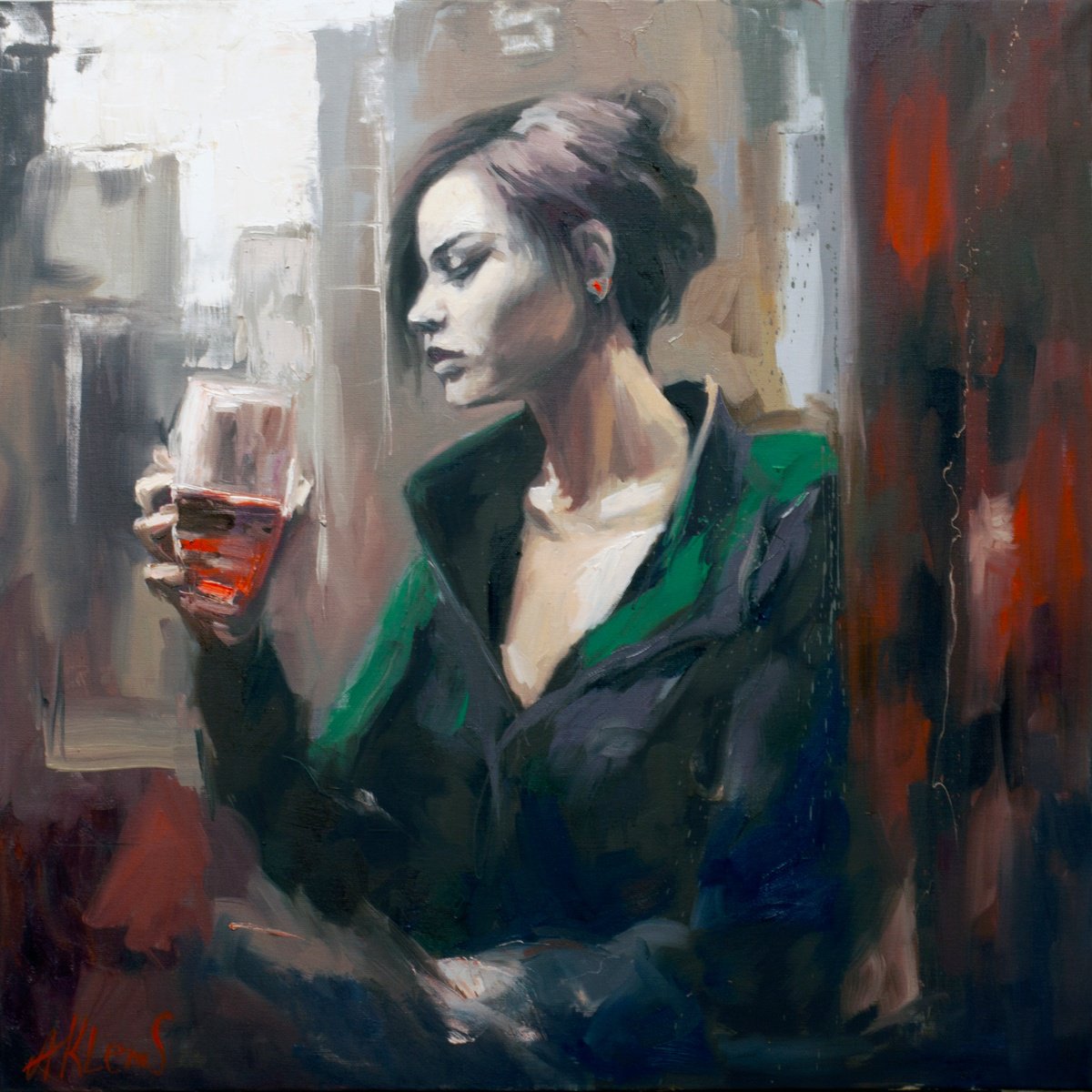 Impressionistic Portrait Oil Painting By Alexandr Klemens, 28 X 28, Reflective Elegance, Original Artwork