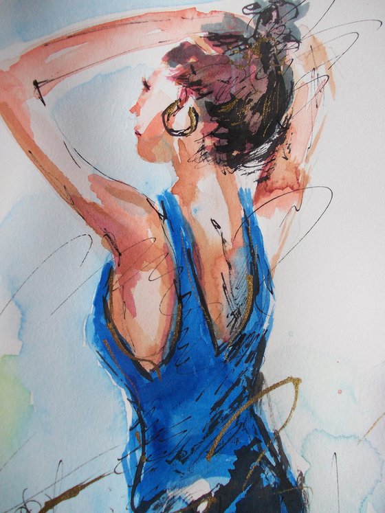 Blue Dress -Figurative Watercolor on paper