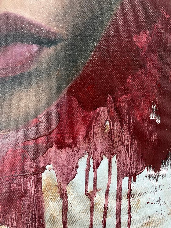 Red lady, strong brunette paint drips in red