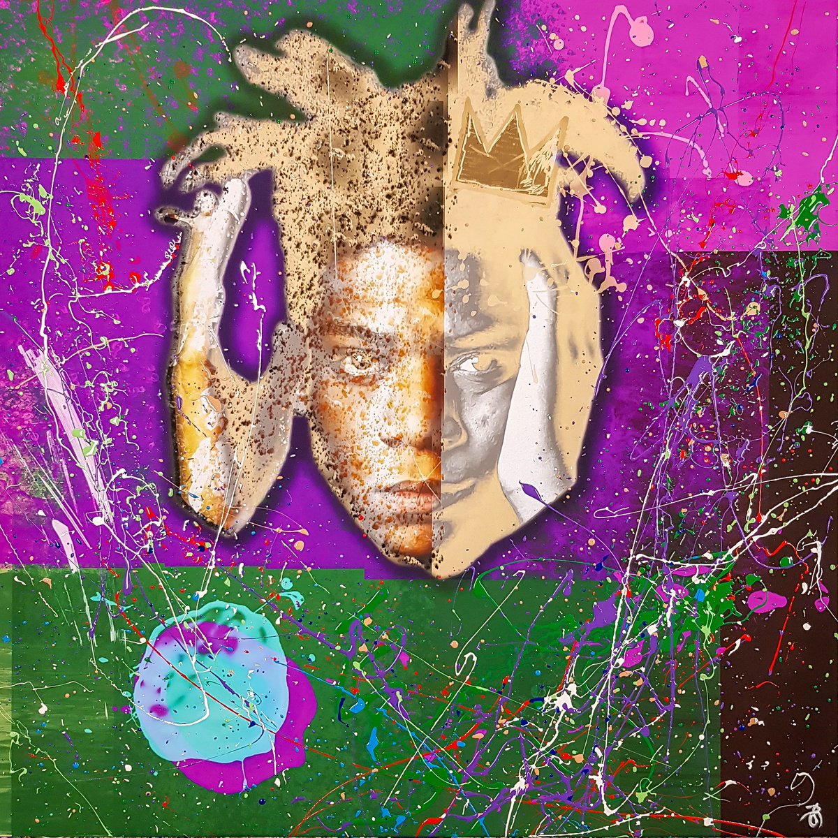 Splash Jean-Michel Basquiat N-1. 100x100x2 cm. Digital Art, Hand Embellished Gicle on Can... by Retne
