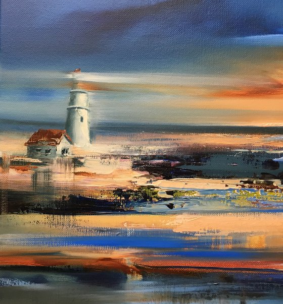 One night by the Sea - 50 x 50cm, abstract landscape oil painting in blue