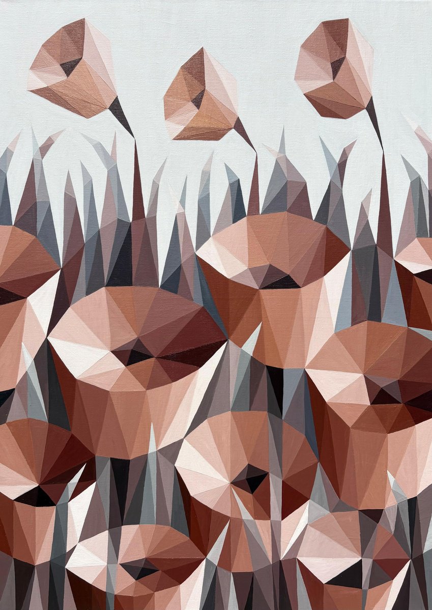 Geometric Botanical Acrylic Painting By Maria Tuzhilkina, 20 X 28", Autumn Terracotta Flowers, Original Artwork