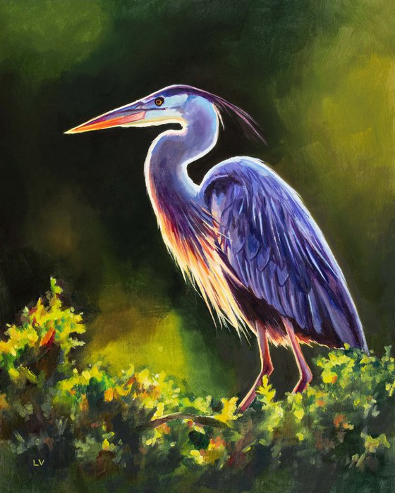 Great blue heron painting original, Wetland bird artwork, Marshland painting, Swamp animal art, Florida bird wildlife, Lake house decor, Everglades national park, 'Blue heron majesty'
