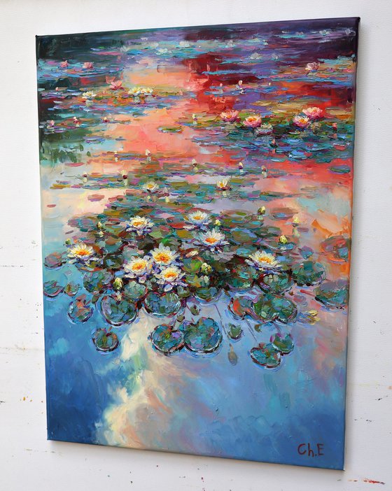 "Evening river with lilies"