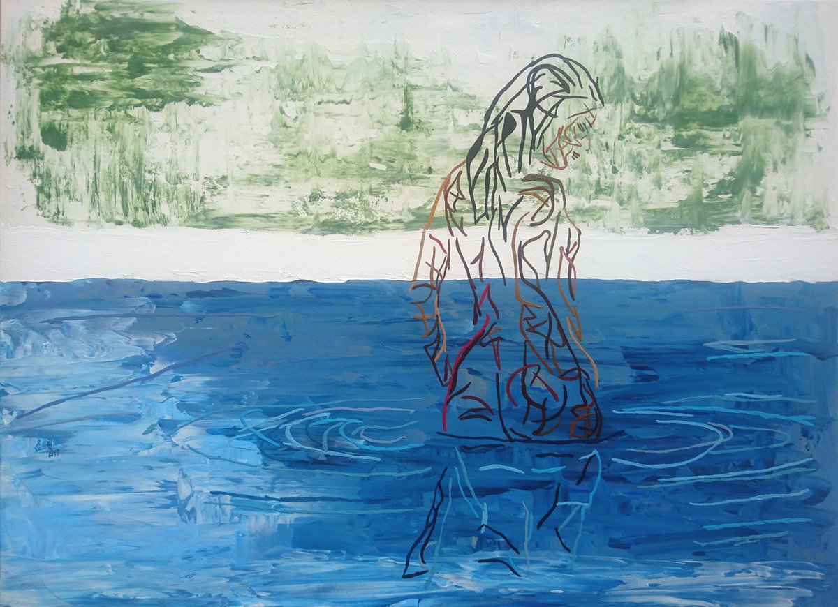 Expressive Portrait Acrylic Painting By Uli Lachelt, 57 X 41", Nude In The Lake, Original Artwork