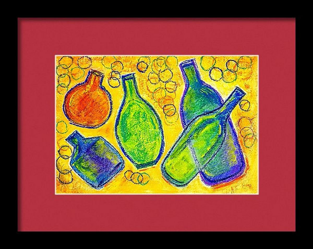 Floating Bottles Still Life pastel painting- 11.75x 8.3 by Asha Shenoy