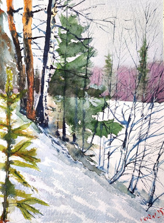 Winter landscape by watercolor