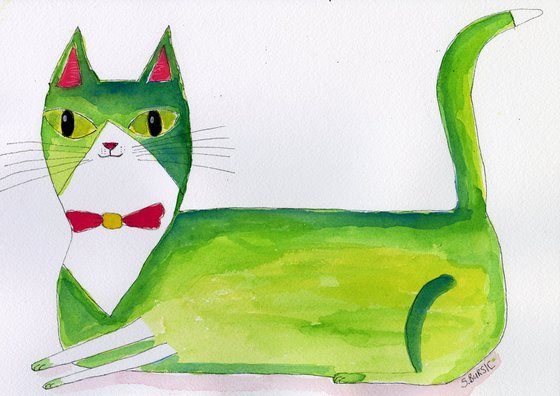 Green Cat Watercolour Whimsical Naive Sitting Cat