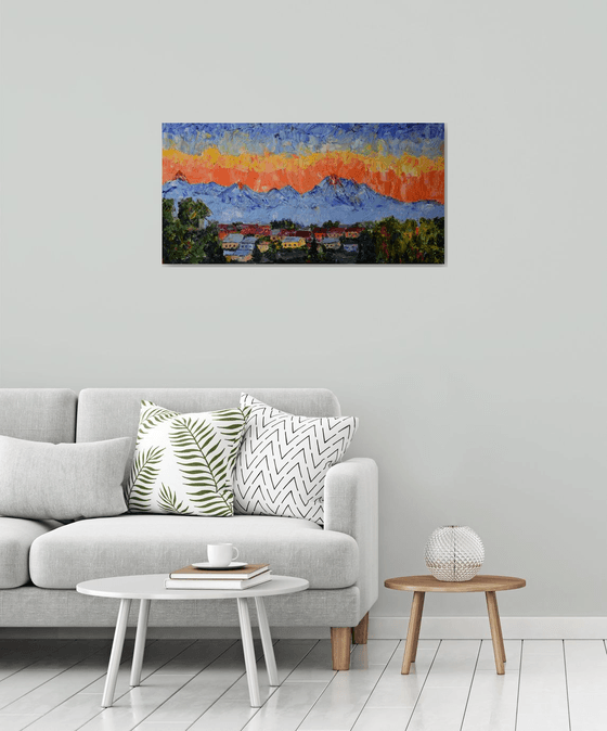Original large oil painting Sunset in mountains High Tatras, Slovakia