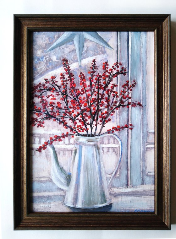 Winter day outside the window - Christmas card painted in oil