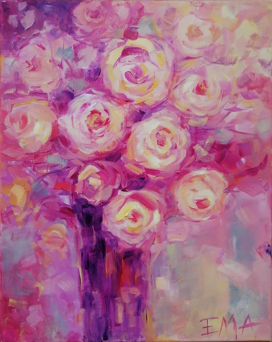 MAY IN BLOOM, 40x50cm, blooming roses oil floral still life painting by Emilia Milcheva