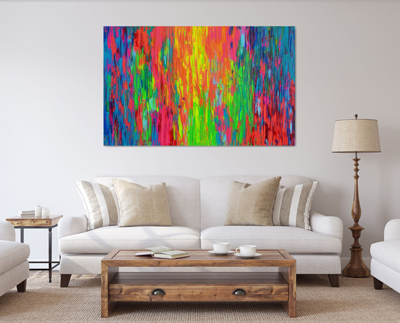 Happy Gypsy Girl Dancing Around the Fire - Large Colorful Palette Knife Relief Abstract Painting