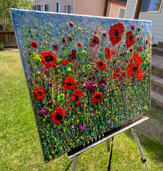 Meadow-Poppies - Modern Abstract Splattered, Textured - Original painting 24" X 18" X 0.5"