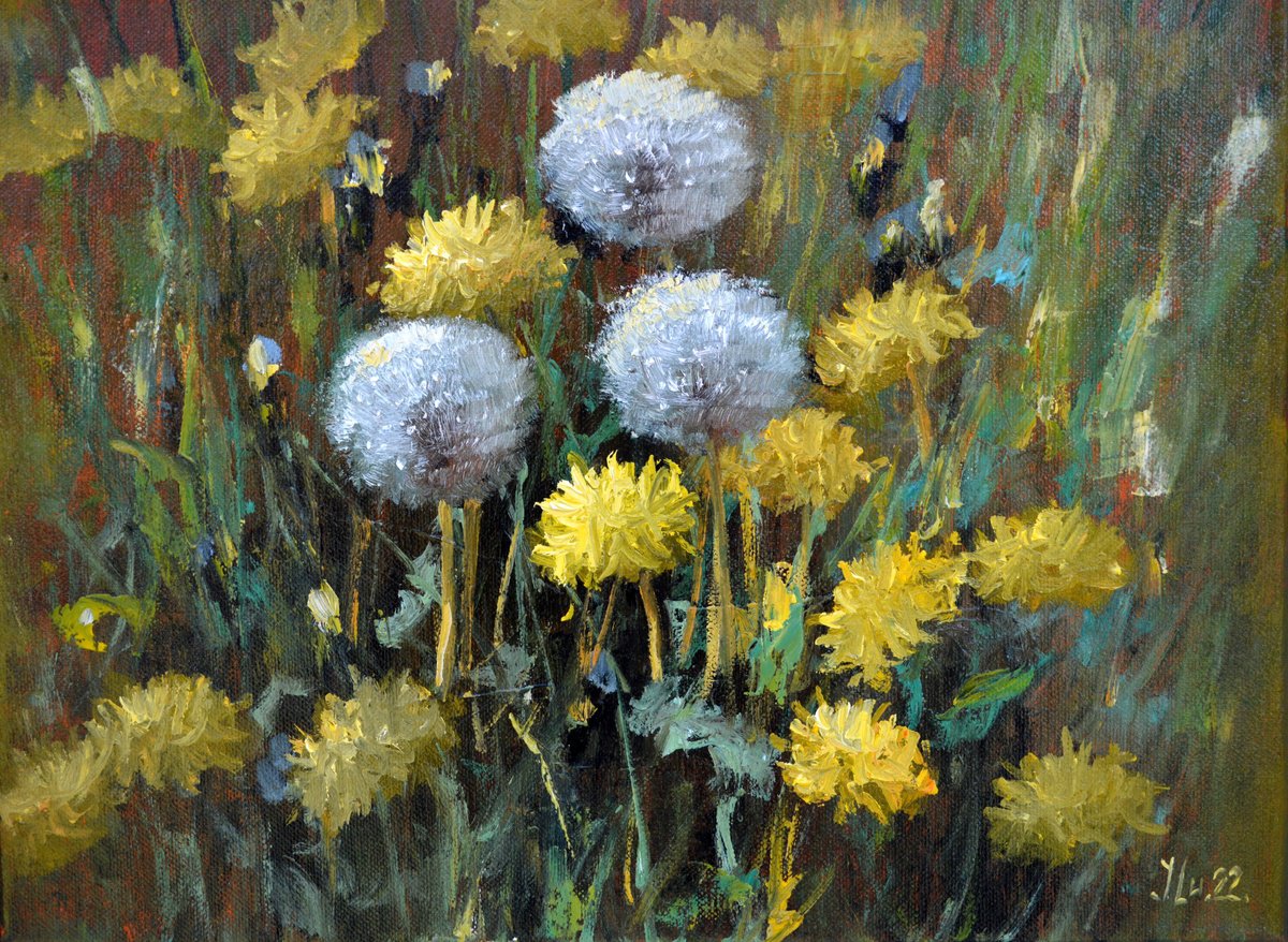 Impressionistic Botanical Oil Painting By Elena Lukina, 16 X 12, Dandelions In The Meadow, Original Artwork