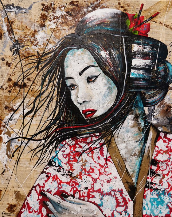 Cherry Pop Geisha 120cm x 150cm Geisha Abstract Realism Art