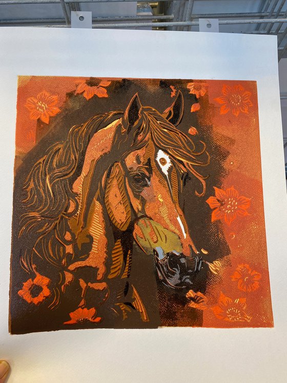 Horse – reduction linocut print