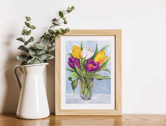 Bright floral bouquet, oil pastel floral painting