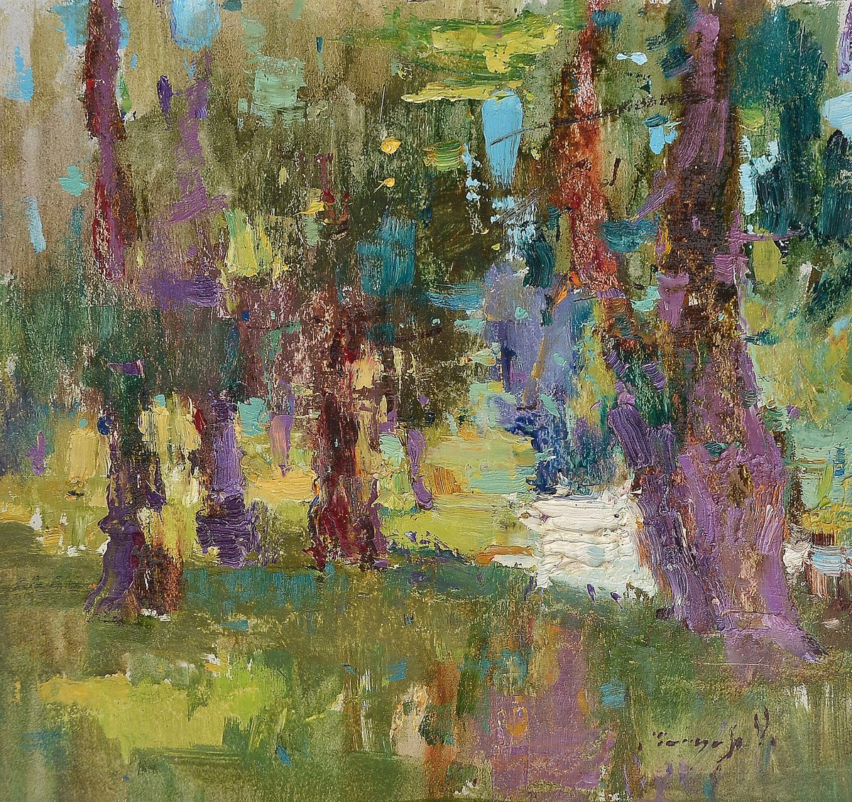 Impressionistic Landscape Oil Painting By Alexander Shandor, 14 X 13, Trees, Original Artwork