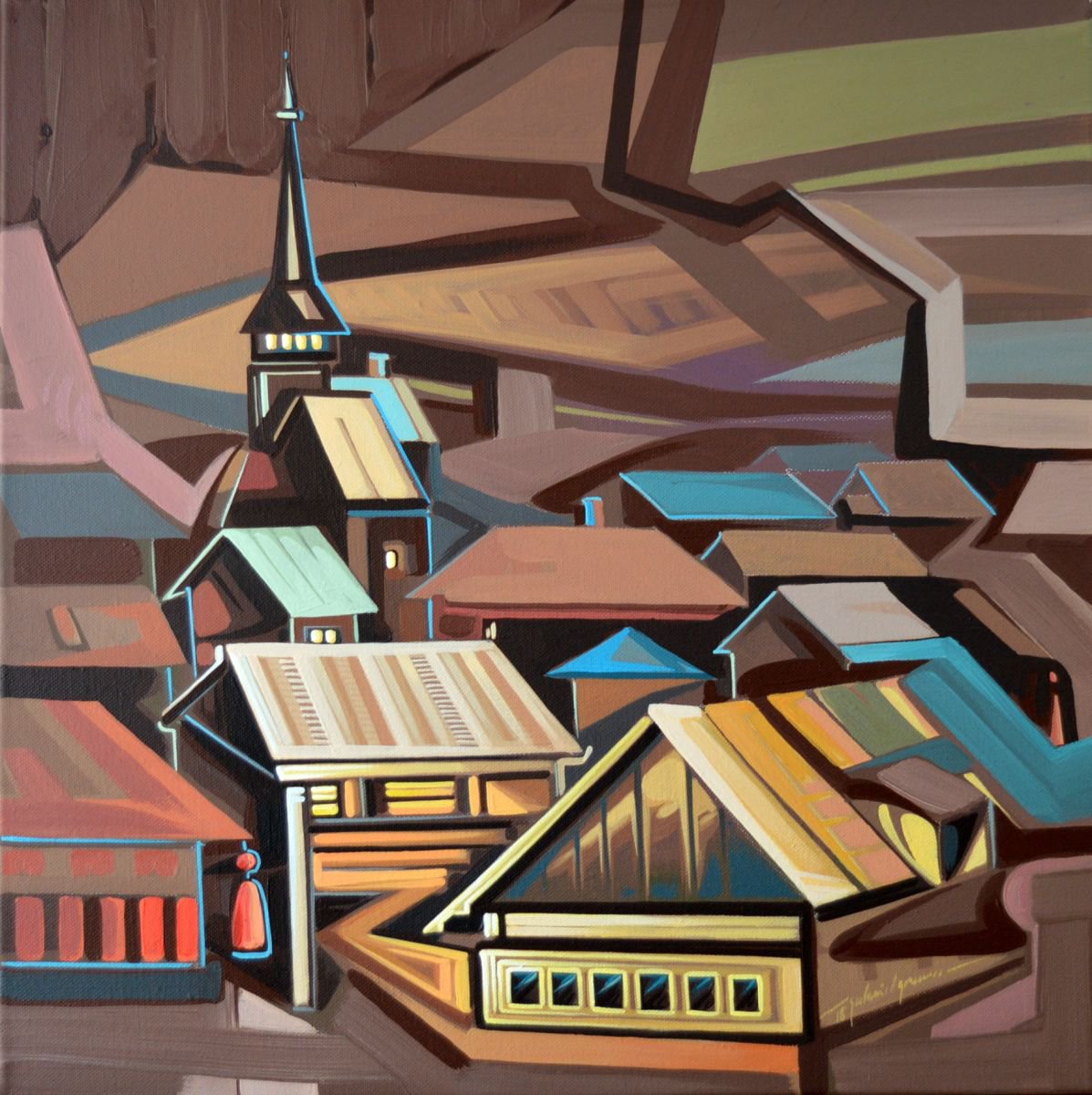 Geometric Cityscapes Acrylic Painting By Grama Gabriel, 20 X 20, Carpathian View, Original Artwork
